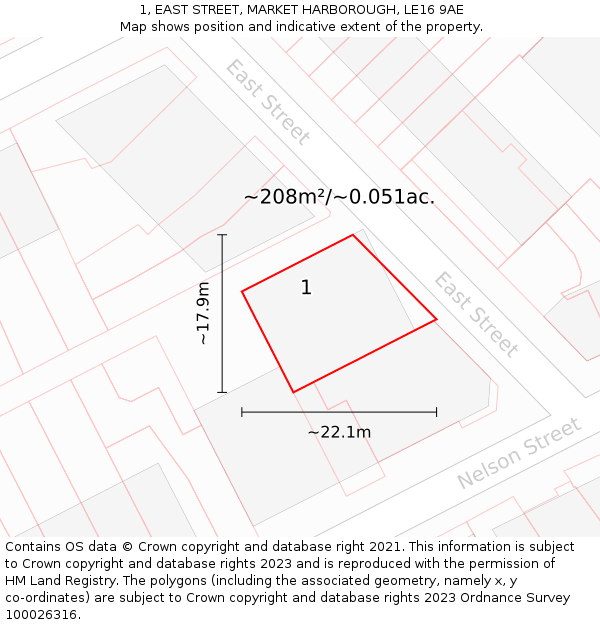 1, EAST STREET, MARKET HARBOROUGH, LE16 9AE: Plot and title map