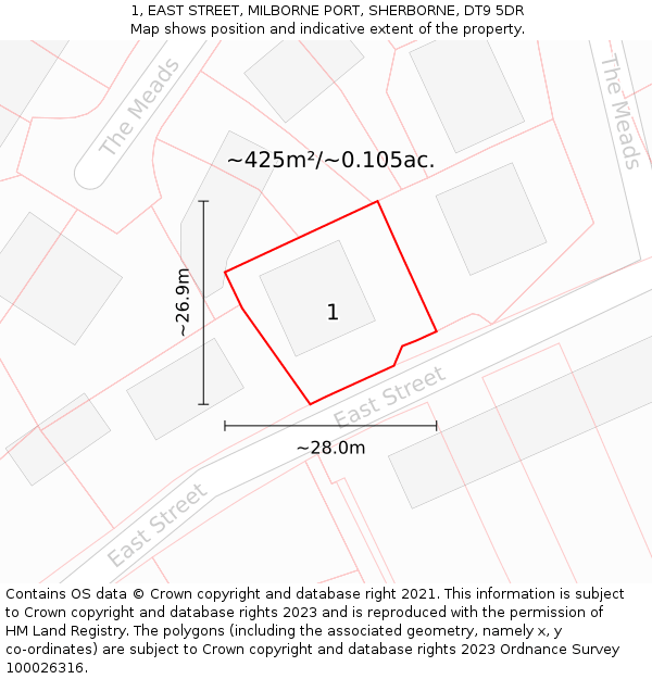 1, EAST STREET, MILBORNE PORT, SHERBORNE, DT9 5DR: Plot and title map