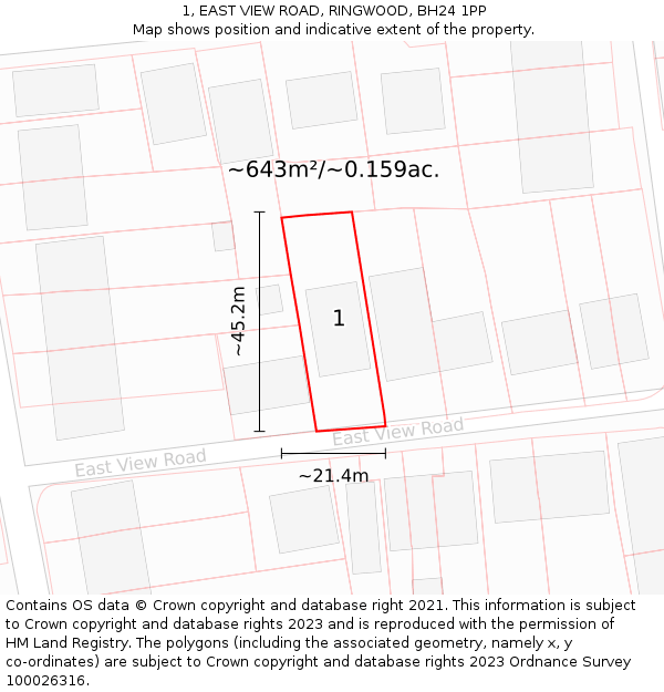 1, EAST VIEW ROAD, RINGWOOD, BH24 1PP: Plot and title map