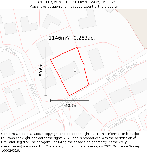 1, EASTFIELD, WEST HILL, OTTERY ST. MARY, EX11 1XN: Plot and title map