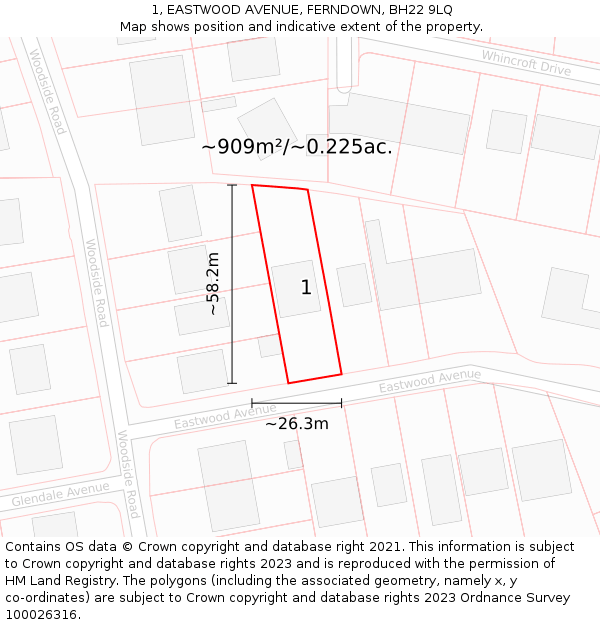 1, EASTWOOD AVENUE, FERNDOWN, BH22 9LQ: Plot and title map