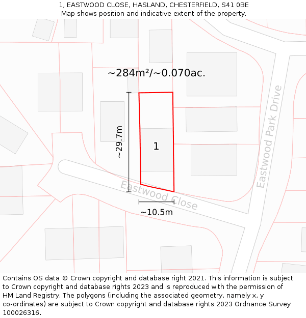 1, EASTWOOD CLOSE, HASLAND, CHESTERFIELD, S41 0BE: Plot and title map