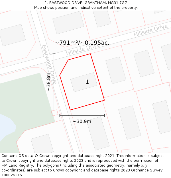 1, EASTWOOD DRIVE, GRANTHAM, NG31 7GZ: Plot and title map