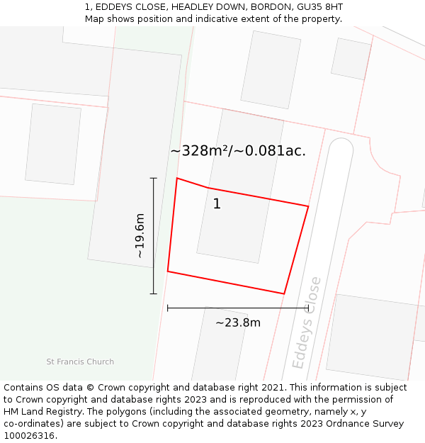 1, EDDEYS CLOSE, HEADLEY DOWN, BORDON, GU35 8HT: Plot and title map