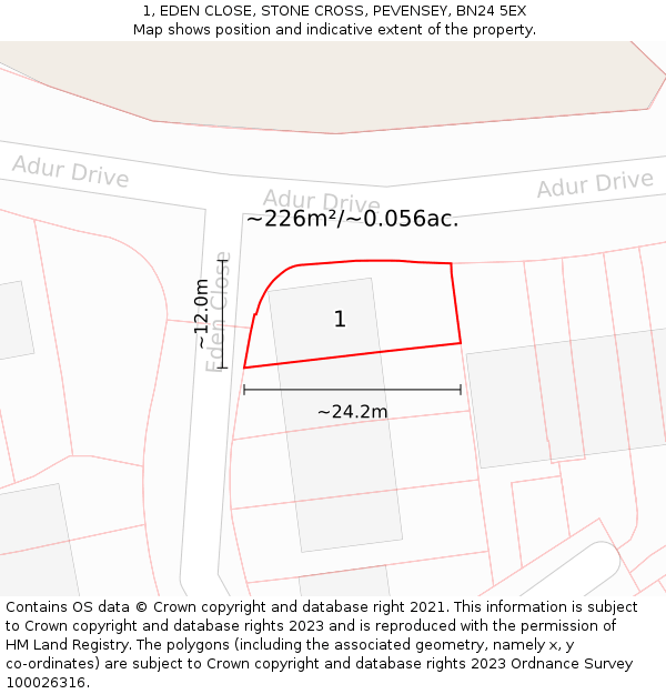 1, EDEN CLOSE, STONE CROSS, PEVENSEY, BN24 5EX: Plot and title map