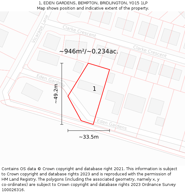 1, EDEN GARDENS, BEMPTON, BRIDLINGTON, YO15 1LP: Plot and title map