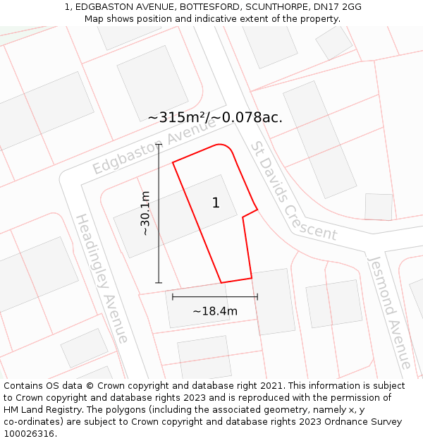 1, EDGBASTON AVENUE, BOTTESFORD, SCUNTHORPE, DN17 2GG: Plot and title map