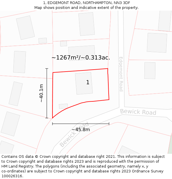 1, EDGEMONT ROAD, NORTHAMPTON, NN3 3DF: Plot and title map