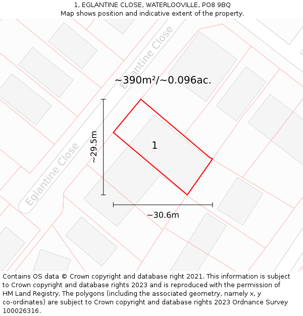 1, EGLANTINE CLOSE, WATERLOOVILLE, PO8 9BQ: Plot and title map