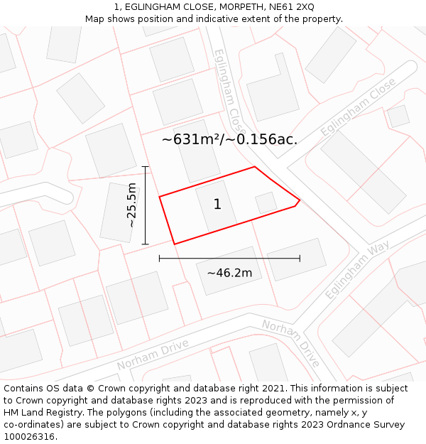 1, EGLINGHAM CLOSE, MORPETH, NE61 2XQ: Plot and title map