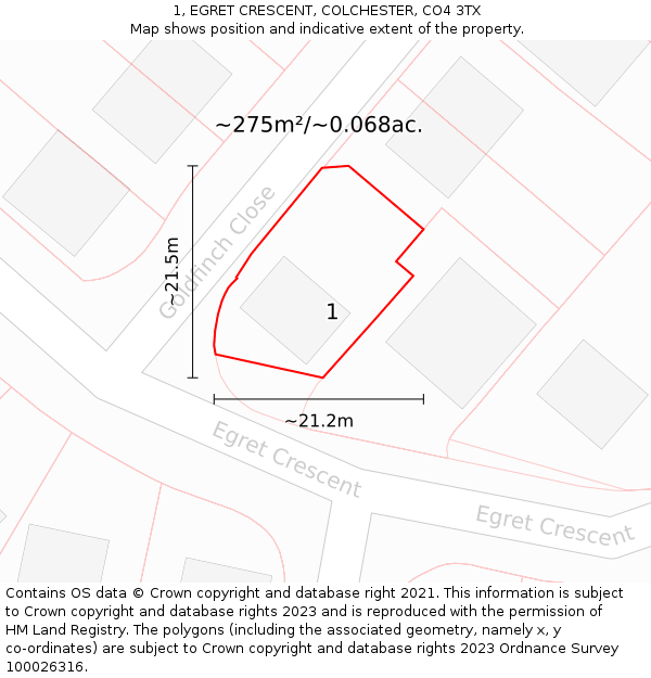 1, EGRET CRESCENT, COLCHESTER, CO4 3TX: Plot and title map