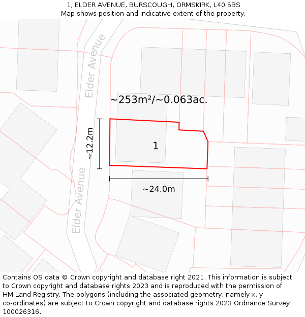 1, ELDER AVENUE, BURSCOUGH, ORMSKIRK, L40 5BS: Plot and title map