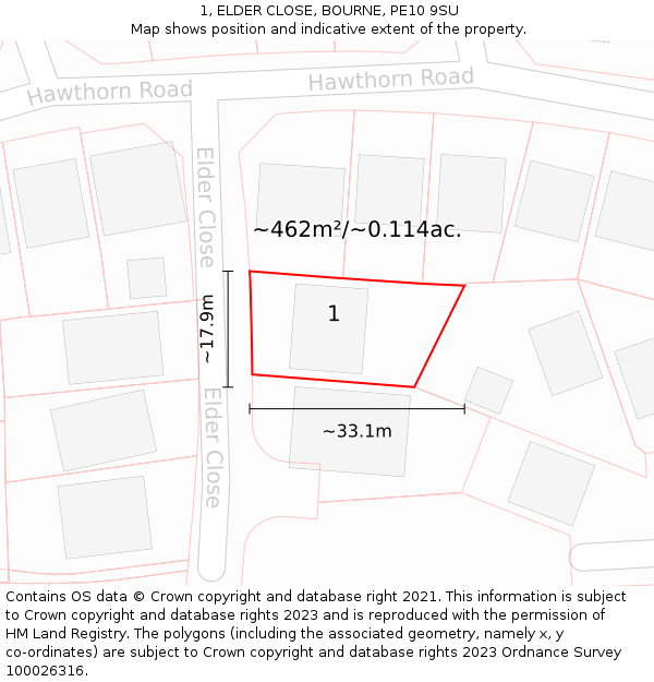 1, ELDER CLOSE, BOURNE, PE10 9SU: Plot and title map