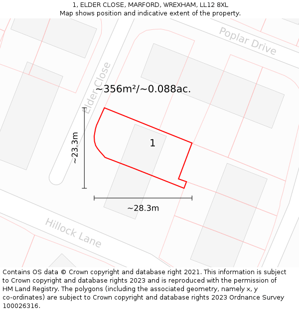 1, ELDER CLOSE, MARFORD, WREXHAM, LL12 8XL: Plot and title map