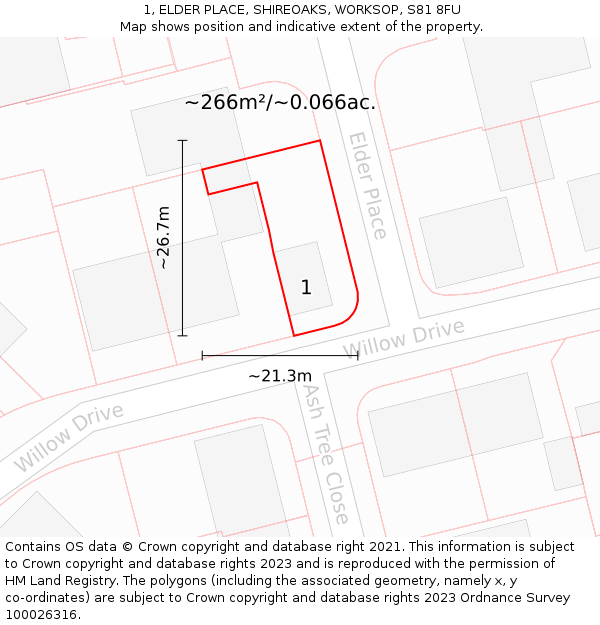 1, ELDER PLACE, SHIREOAKS, WORKSOP, S81 8FU: Plot and title map