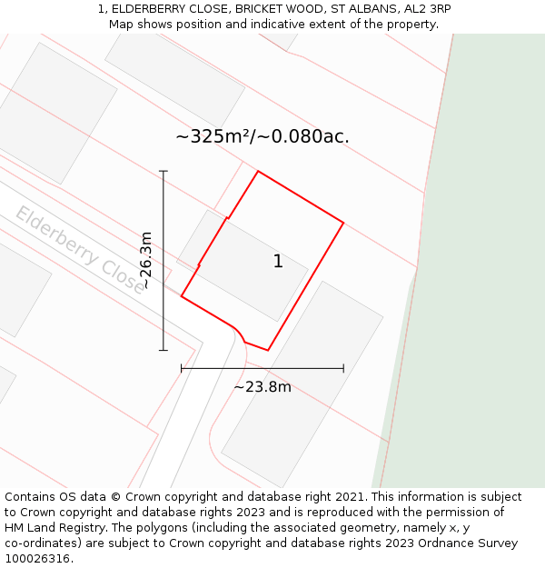 1, ELDERBERRY CLOSE, BRICKET WOOD, ST ALBANS, AL2 3RP: Plot and title map