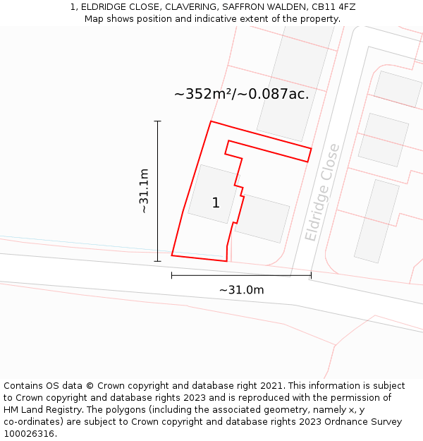 1, ELDRIDGE CLOSE, CLAVERING, SAFFRON WALDEN, CB11 4FZ: Plot and title map