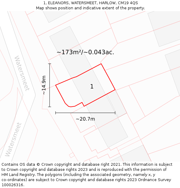 1, ELEANORS, WATERSMEET, HARLOW, CM19 4QS: Plot and title map