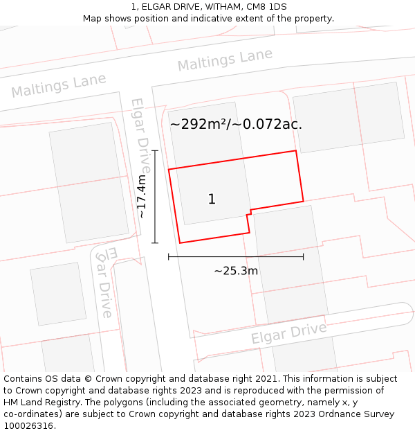 1, ELGAR DRIVE, WITHAM, CM8 1DS: Plot and title map