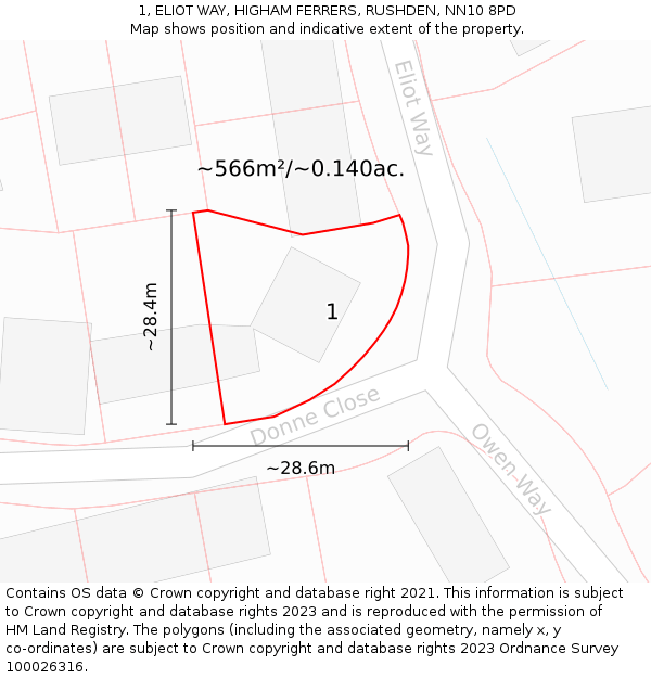 1, ELIOT WAY, HIGHAM FERRERS, RUSHDEN, NN10 8PD: Plot and title map