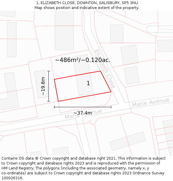 1, ELIZABETH CLOSE, DOWNTON, SALISBURY, SP5 3NU: Plot and title map