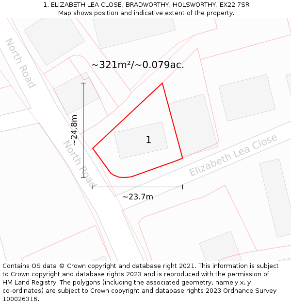 1, ELIZABETH LEA CLOSE, BRADWORTHY, HOLSWORTHY, EX22 7SR: Plot and title map