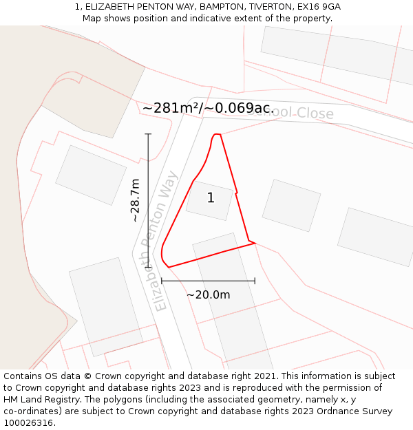 1, ELIZABETH PENTON WAY, BAMPTON, TIVERTON, EX16 9GA: Plot and title map