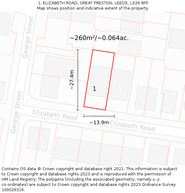 1, ELIZABETH ROAD, GREAT PRESTON, LEEDS, LS26 8FP: Plot and title map