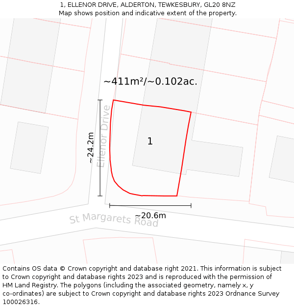 1, ELLENOR DRIVE, ALDERTON, TEWKESBURY, GL20 8NZ: Plot and title map