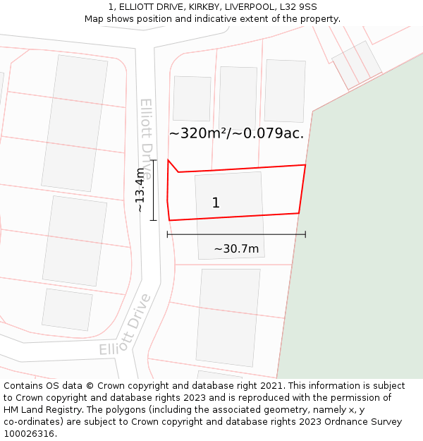 1, ELLIOTT DRIVE, KIRKBY, LIVERPOOL, L32 9SS: Plot and title map