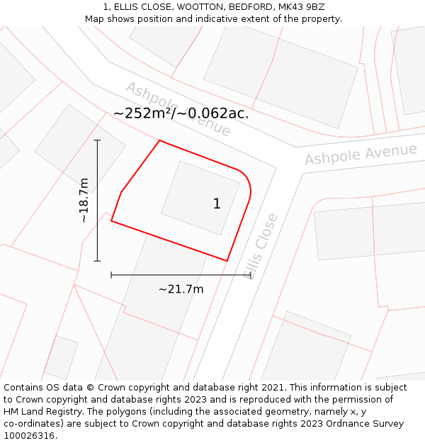 1, ELLIS CLOSE, WOOTTON, BEDFORD, MK43 9BZ: Plot and title map