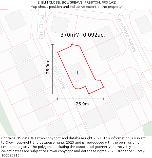 1, ELM CLOSE, BOWGREAVE, PRESTON, PR3 1AZ: Plot and title map
