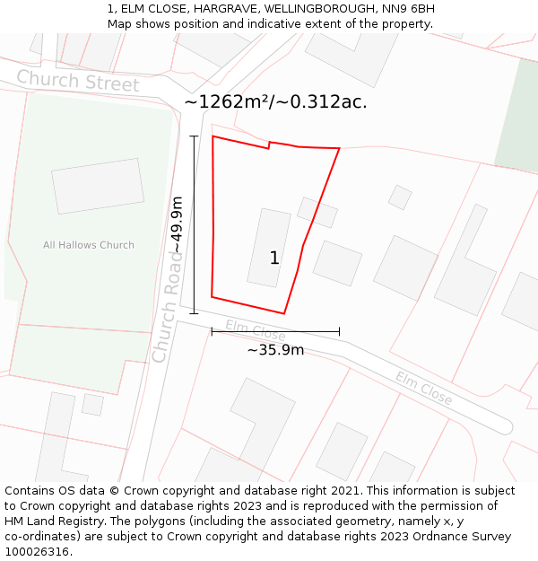 1, ELM CLOSE, HARGRAVE, WELLINGBOROUGH, NN9 6BH: Plot and title map