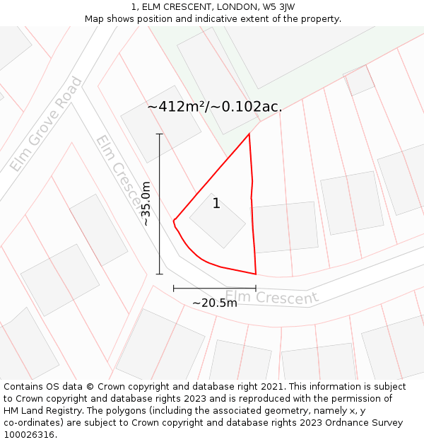 1, ELM CRESCENT, LONDON, W5 3JW: Plot and title map