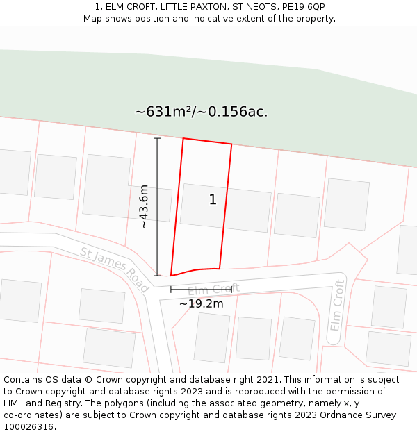 1, ELM CROFT, LITTLE PAXTON, ST NEOTS, PE19 6QP: Plot and title map