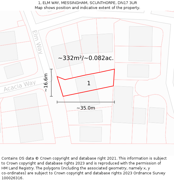 1, ELM WAY, MESSINGHAM, SCUNTHORPE, DN17 3UR: Plot and title map