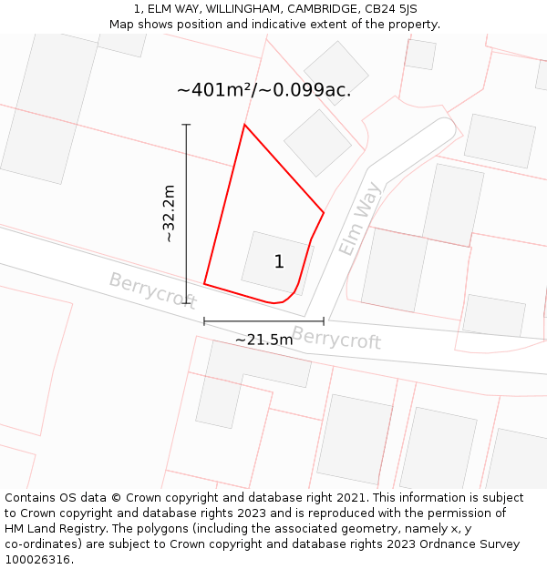 1, ELM WAY, WILLINGHAM, CAMBRIDGE, CB24 5JS: Plot and title map