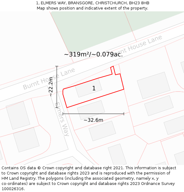 1, ELMERS WAY, BRANSGORE, CHRISTCHURCH, BH23 8HB: Plot and title map