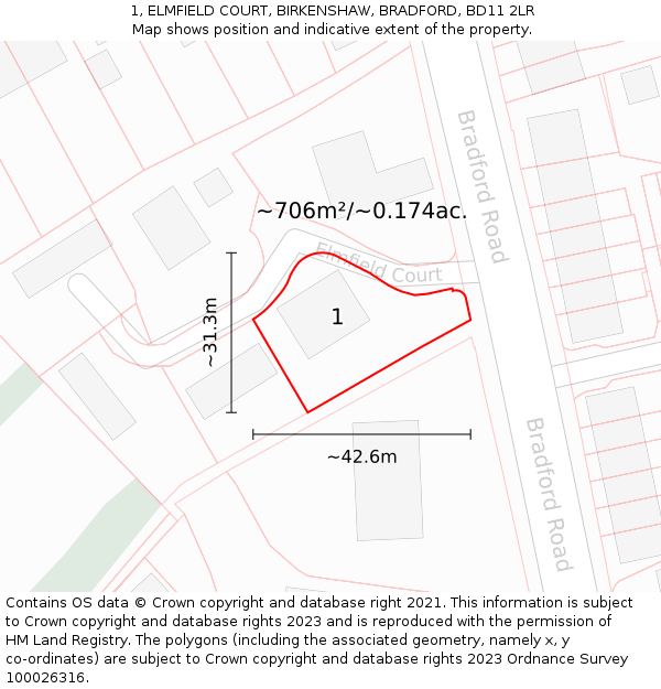 1, ELMFIELD COURT, BIRKENSHAW, BRADFORD, BD11 2LR: Plot and title map