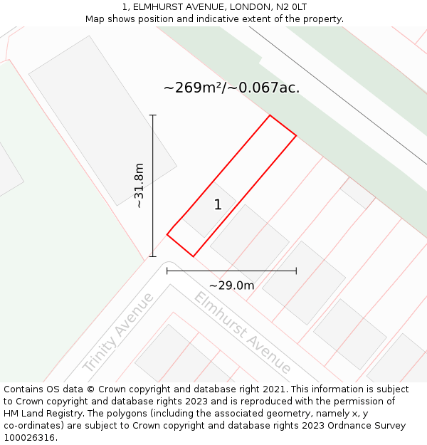 1, ELMHURST AVENUE, LONDON, N2 0LT: Plot and title map