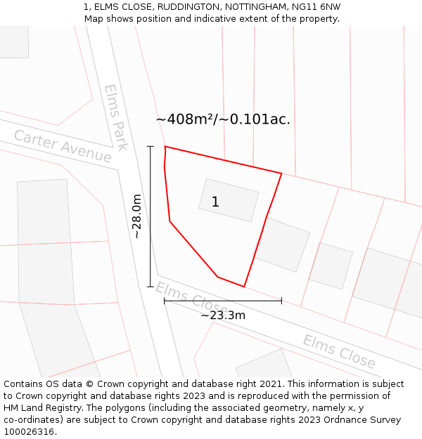 1, ELMS CLOSE, RUDDINGTON, NOTTINGHAM, NG11 6NW: Plot and title map