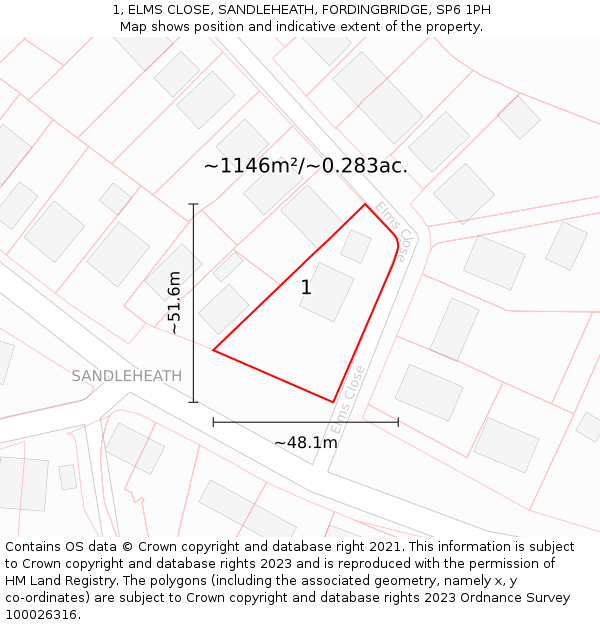 1, ELMS CLOSE, SANDLEHEATH, FORDINGBRIDGE, SP6 1PH: Plot and title map