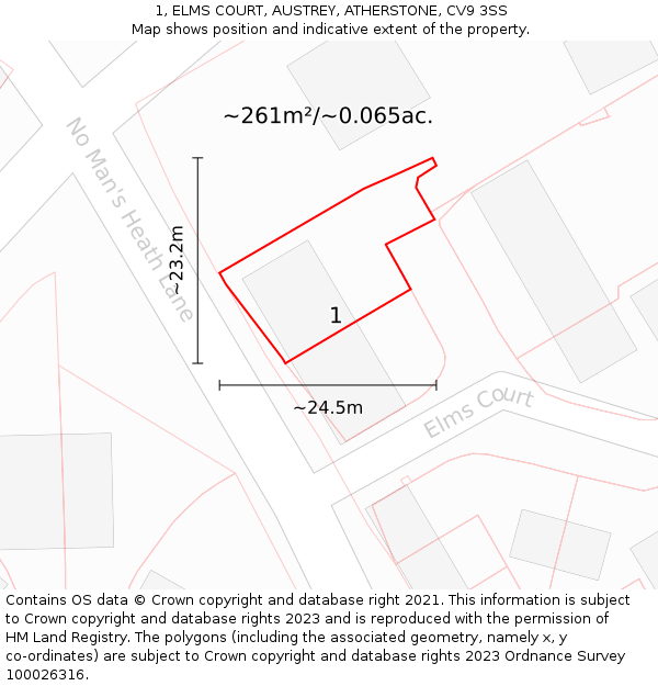 1, ELMS COURT, AUSTREY, ATHERSTONE, CV9 3SS: Plot and title map