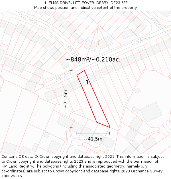 1, ELMS DRIVE, LITTLEOVER, DERBY, DE23 6FF: Plot and title map