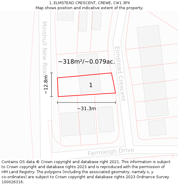 1, ELMSTEAD CRESCENT, CREWE, CW1 3PX: Plot and title map