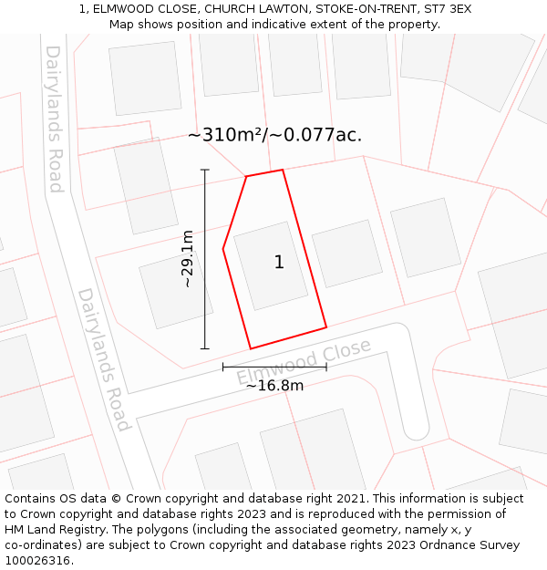 1, ELMWOOD CLOSE, CHURCH LAWTON, STOKE-ON-TRENT, ST7 3EX: Plot and title map