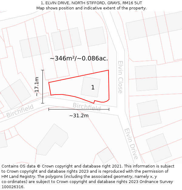 1, ELVIN DRIVE, NORTH STIFFORD, GRAYS, RM16 5UT: Plot and title map