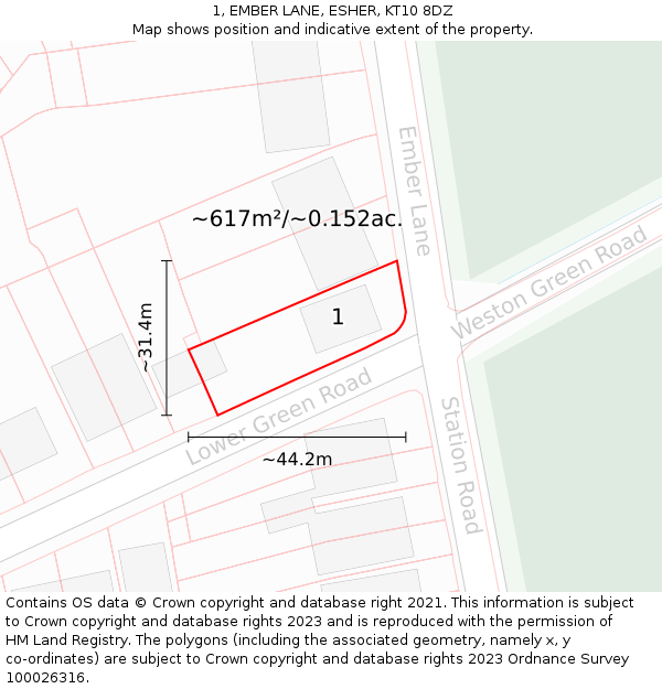 1, EMBER LANE, ESHER, KT10 8DZ: Plot and title map