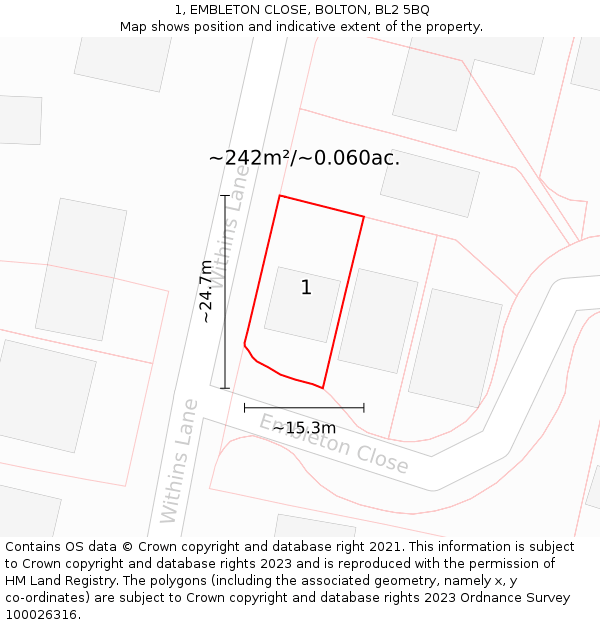 1, EMBLETON CLOSE, BOLTON, BL2 5BQ: Plot and title map