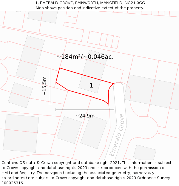 1, EMERALD GROVE, RAINWORTH, MANSFIELD, NG21 0GG: Plot and title map